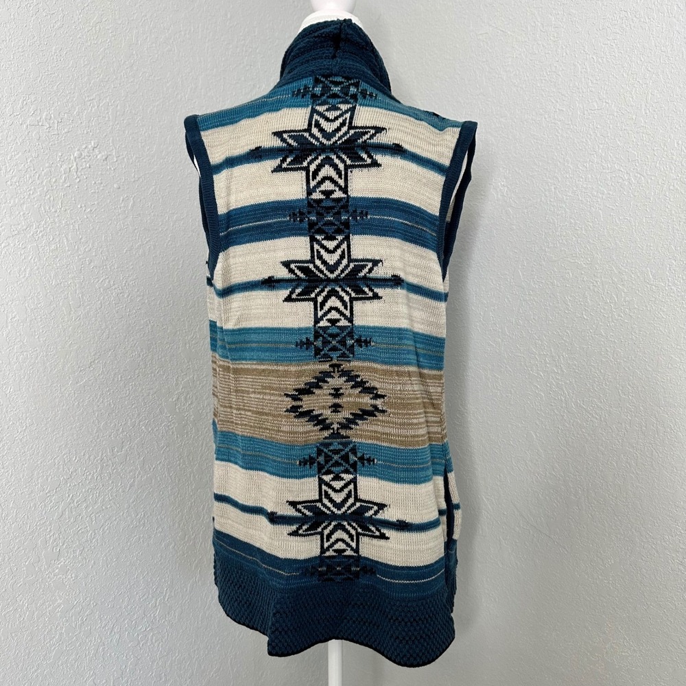 BCBGMAXAZRIA‎ Sleeveless Sweater Vest L Open Front Aztec Teal Tan Cream size L